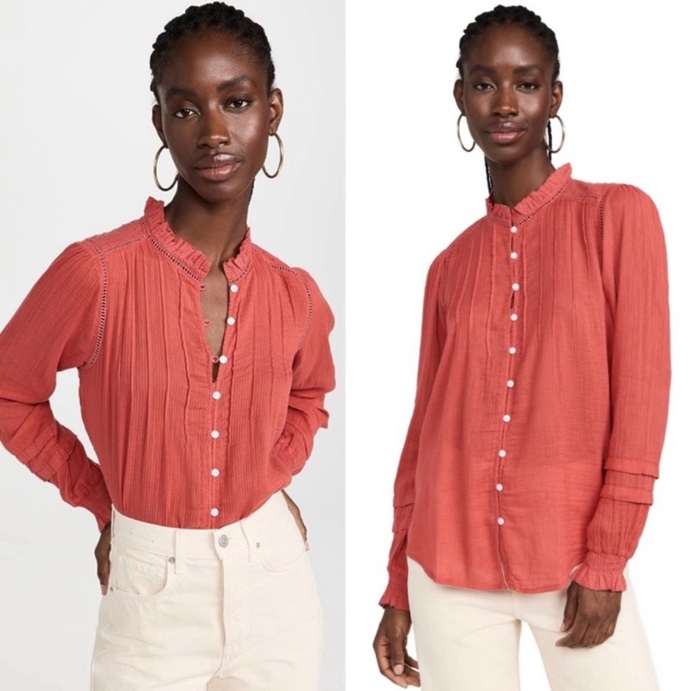Faherty Willa Button Down Peasant Blouse Coral Bo… - image 5